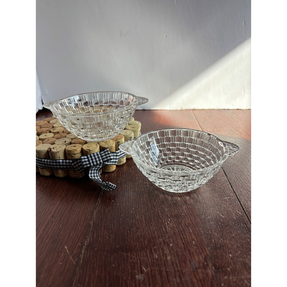 Vintage Clear Pressed Glass Basketweave Bowls with Tab Handles Set of 2 5 inch‎